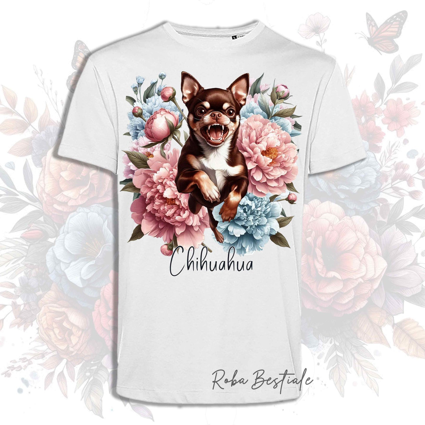 T-Shirt PEONY - CHIHUAHUA a Pelo Corto Cioccolato - Bianca o Beige, Uomo o Donna, dalla XS alla 5XL