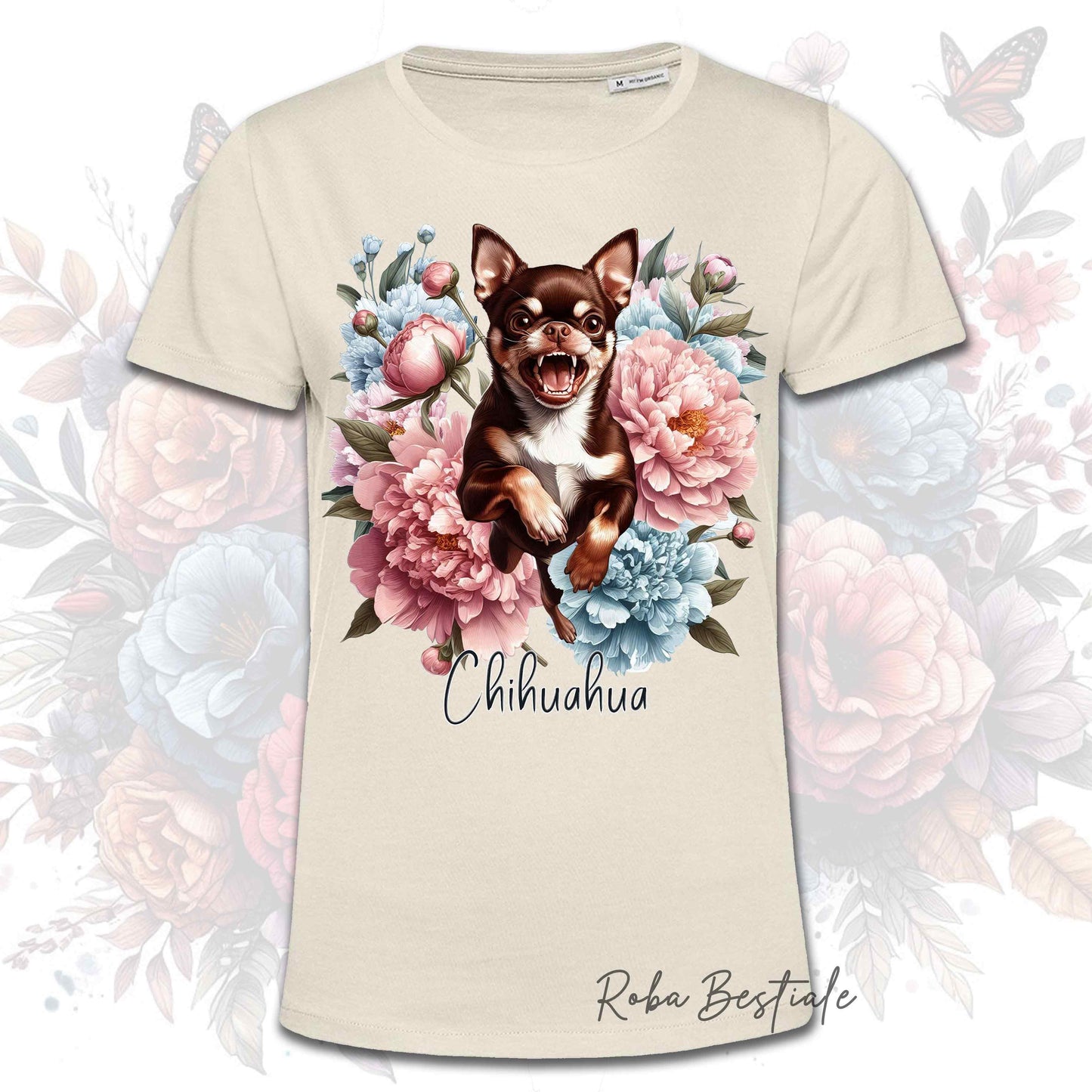 T-Shirt PEONY - CHIHUAHUA a Pelo Corto Cioccolato - Bianca o Beige, Uomo o Donna, dalla XS alla 5XL