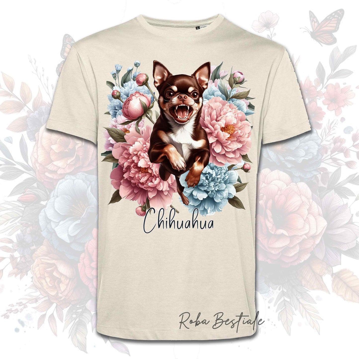 T-Shirt PEONY - CHIHUAHUA a Pelo Corto Cioccolato - Bianca o Beige, Uomo o Donna, dalla XS alla 5XL