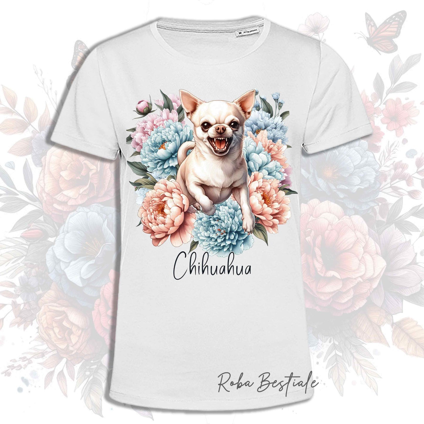 T-Shirt PEONY - CHIHUAHUA a Pelo Corto Crema - Bianca o Beige, Uomo o Donna, dalla XS alla 5XL