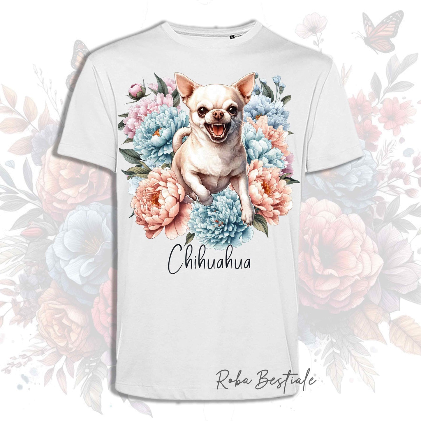 T-Shirt PEONY - CHIHUAHUA a Pelo Corto Crema - Bianca o Beige, Uomo o Donna, dalla XS alla 5XL