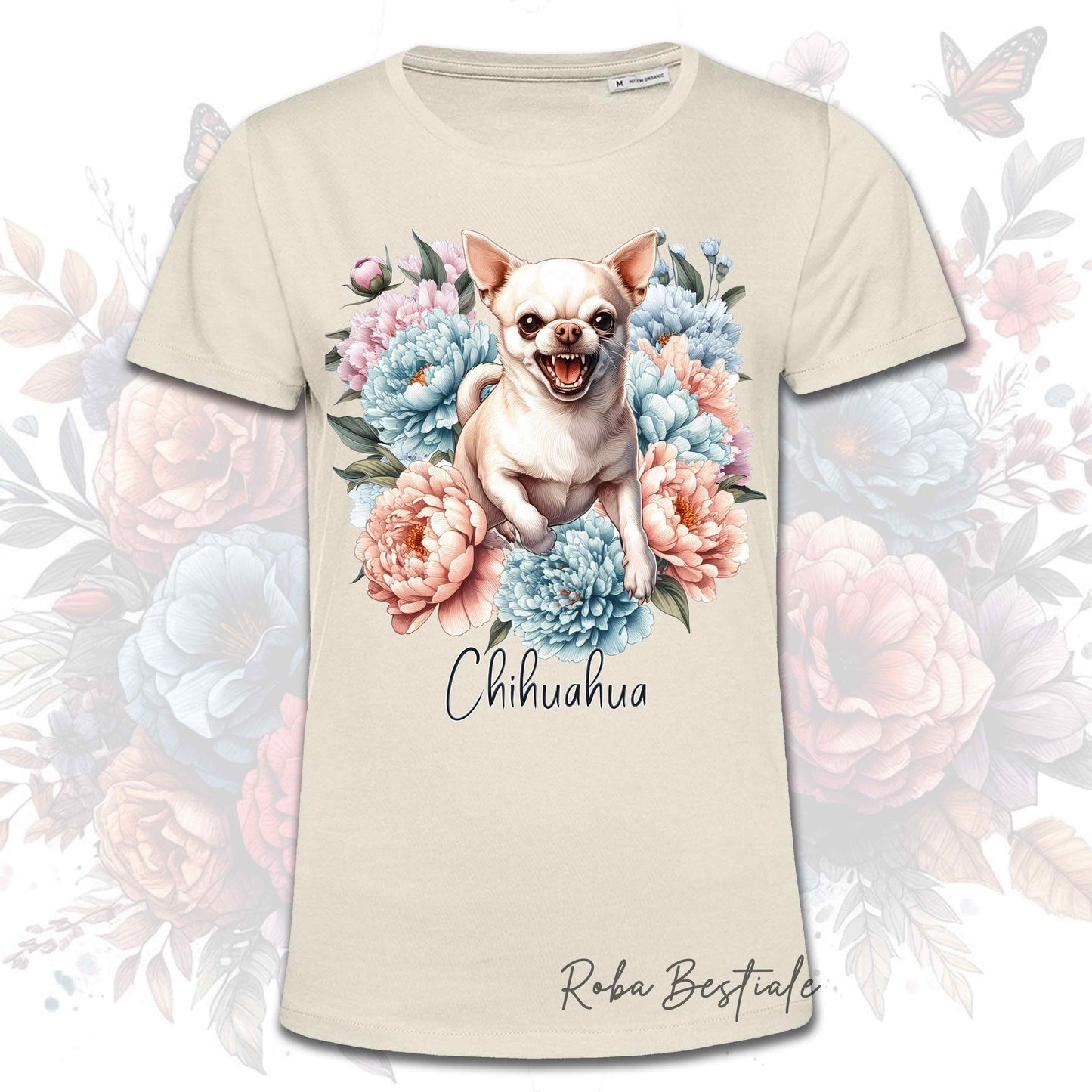 T-Shirt PEONY - CHIHUAHUA a Pelo Corto Crema - Bianca o Beige, Uomo o Donna, dalla XS alla 5XL
