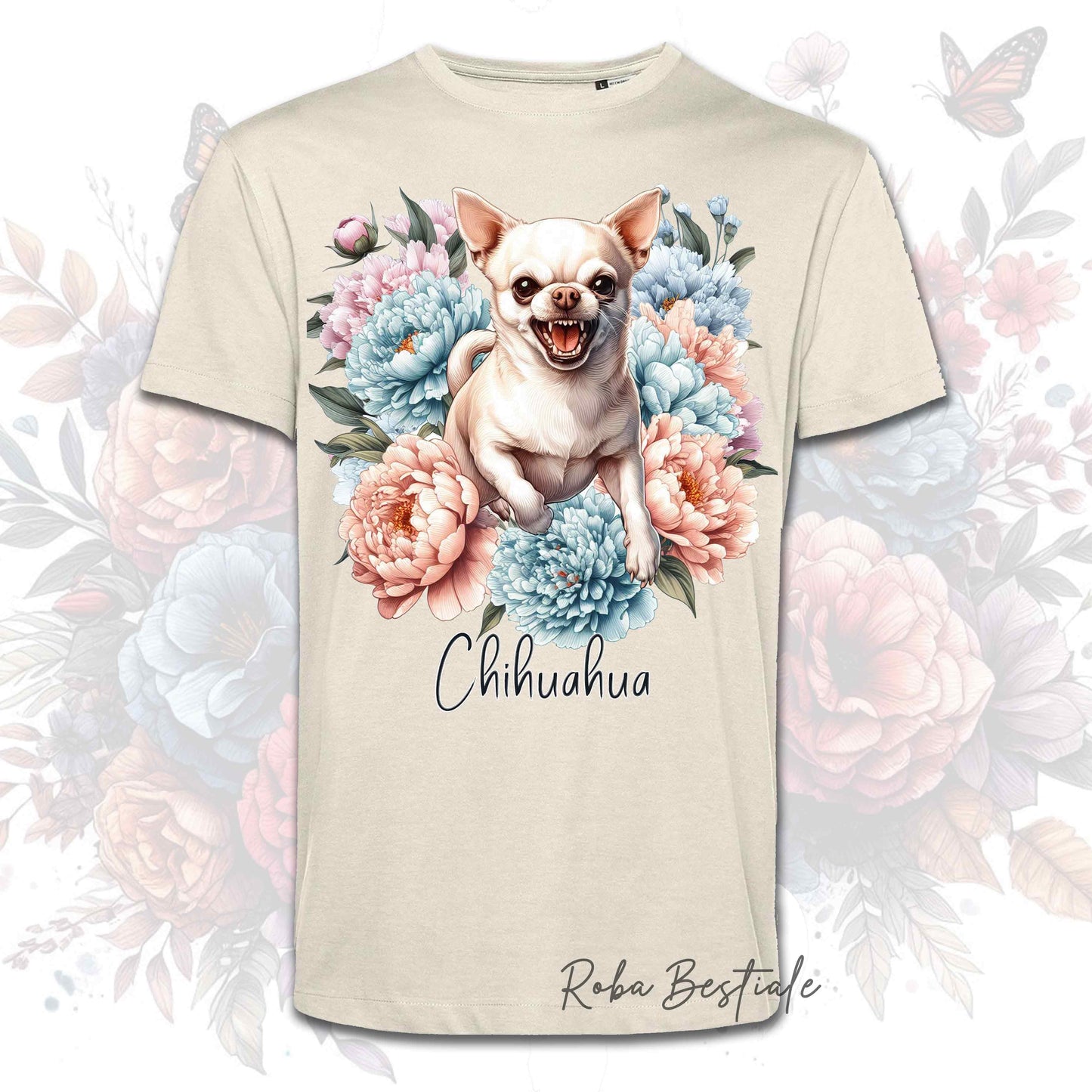 T-Shirt PEONY - CHIHUAHUA a Pelo Corto Crema - Bianca o Beige, Uomo o Donna, dalla XS alla 5XL