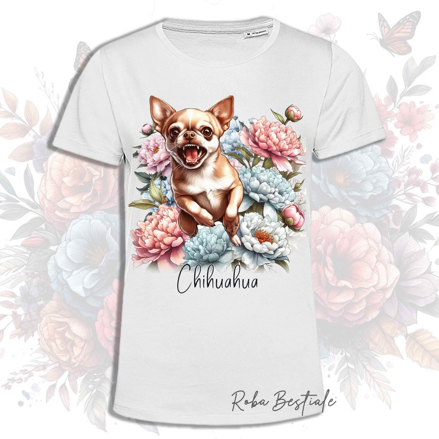 T-Shirt PEONY - CHIHUAHUA a Pelo Corto Fulvo - Bianca o Beige, Uomo o Donna, dalla XS alla 5XL