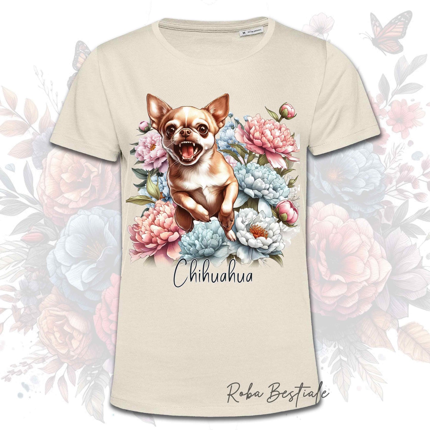 T-Shirt PEONY - CHIHUAHUA a Pelo Corto Fulvo - Bianca o Beige, Uomo o Donna, dalla XS alla 5XL