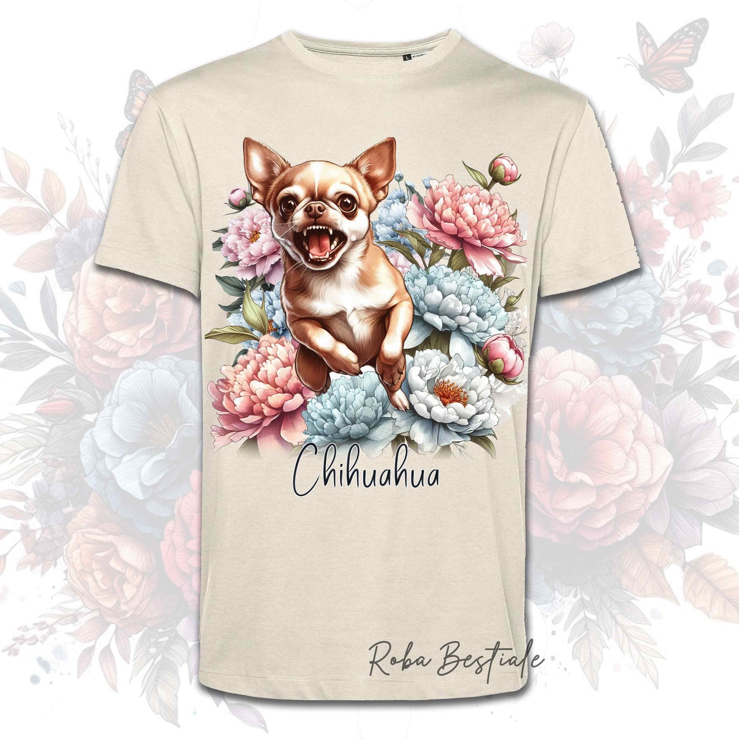 T-Shirt PEONY - CHIHUAHUA a Pelo Corto Fulvo - Bianca o Beige, Uomo o Donna, dalla XS alla 5XL