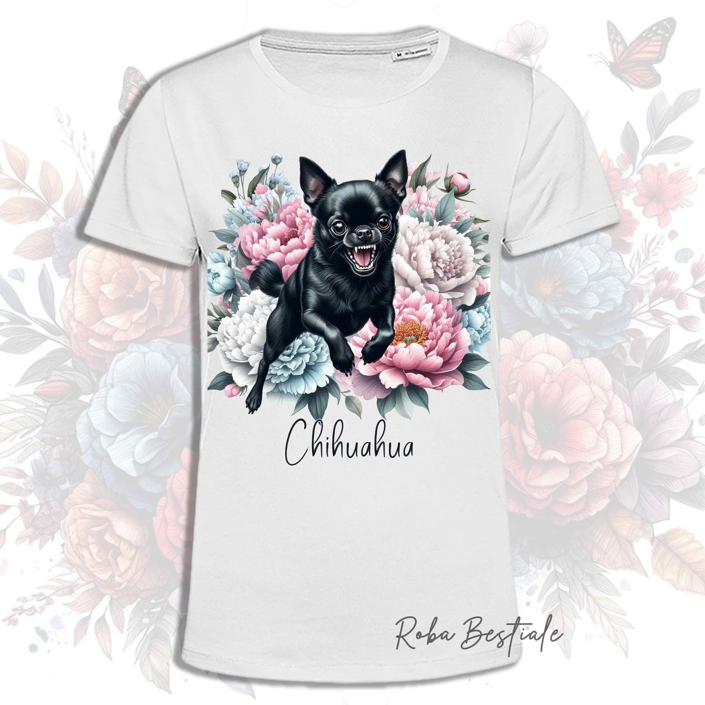 T-Shirt PEONY - CHIHUAHUA a Pelo Corto Nero - Bianca o Beige, Uomo o Donna, dalla XS alla 5XL