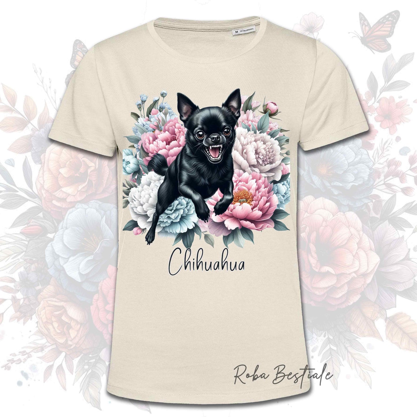 T-Shirt PEONY - CHIHUAHUA a Pelo Corto Nero - Bianca o Beige, Uomo o Donna, dalla XS alla 5XL