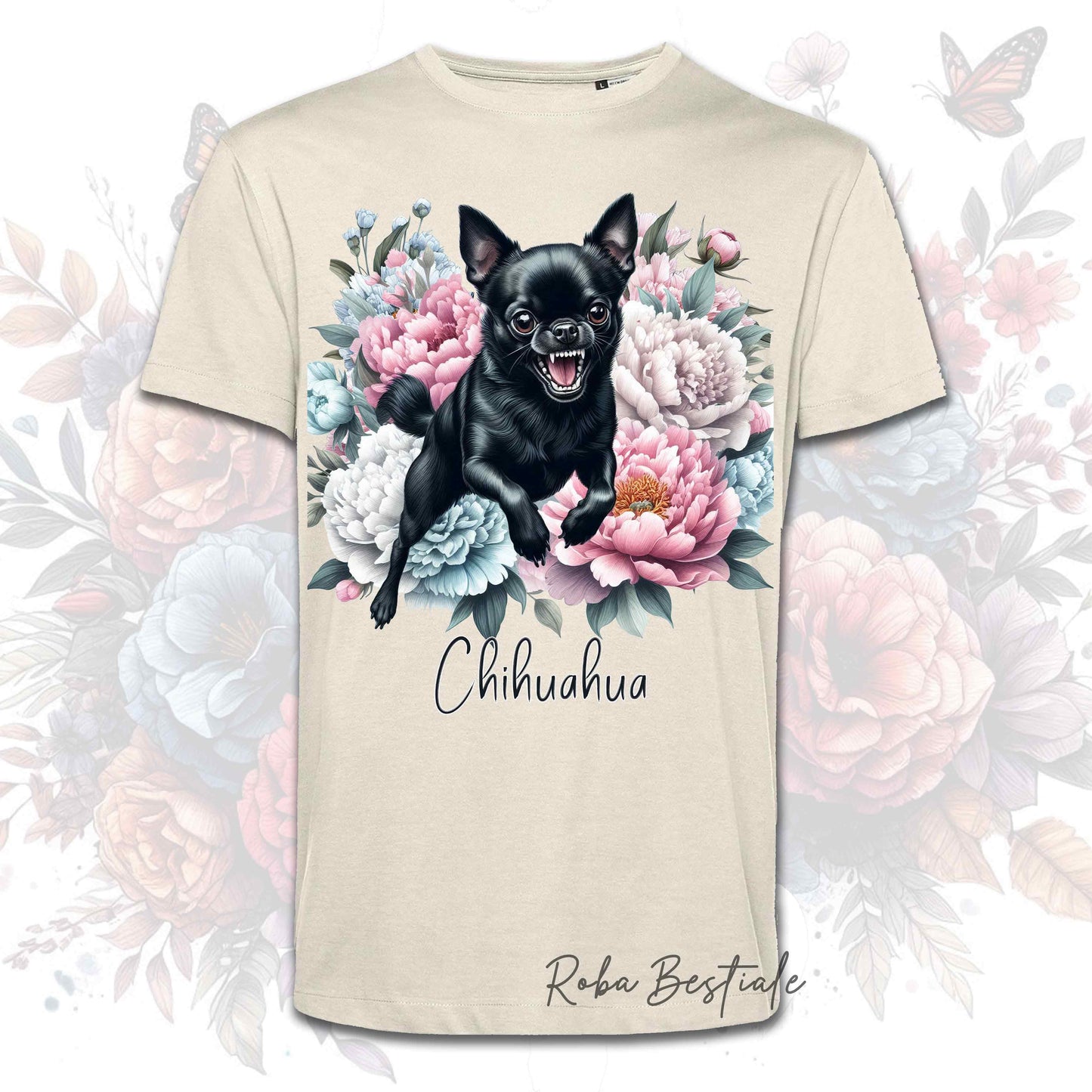 T-Shirt PEONY - CHIHUAHUA a Pelo Corto Nero - Bianca o Beige, Uomo o Donna, dalla XS alla 5XL
