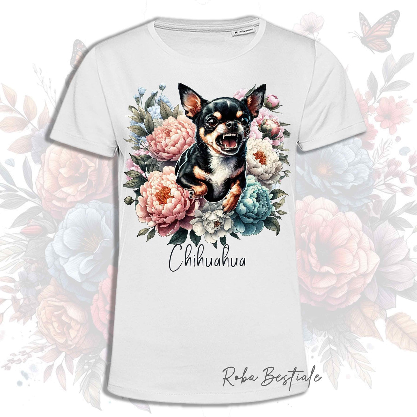 T-Shirt PEONY - CHIHUAHUA a Pelo Corto Tricolore - Bianca o Beige, Uomo o Donna, dalla XS alla 5XL