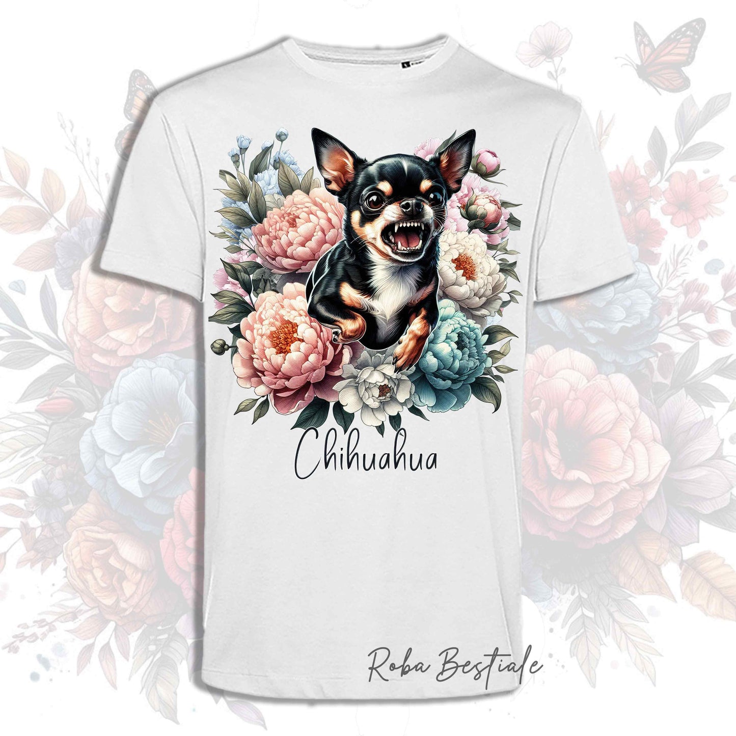 T-Shirt PEONY - CHIHUAHUA a Pelo Corto Tricolore - Bianca o Beige, Uomo o Donna, dalla XS alla 5XL