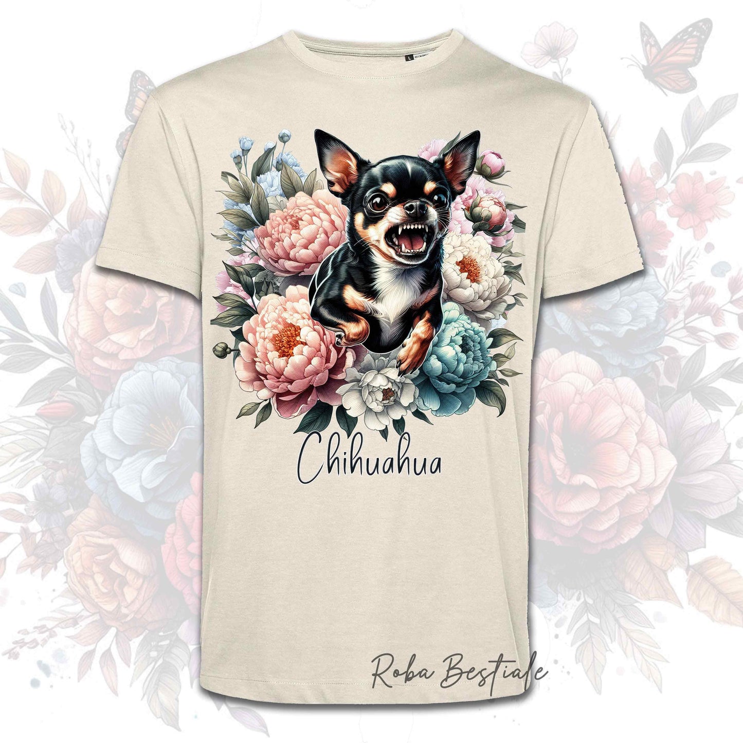 T-Shirt PEONY - CHIHUAHUA a Pelo Corto Tricolore - Bianca o Beige, Uomo o Donna, dalla XS alla 5XL