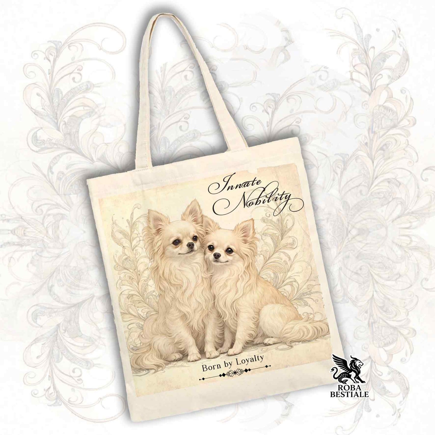 Tote Bag NOBILITY - CHIHUAHUA a Pelo Lungo Crema - 100% Cotone - Bianca o Beige