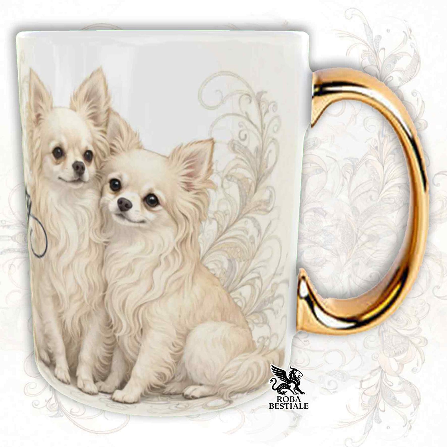 Mug NOBILITY - Long-haired Cream CHIHUAHUA - GOLD Handle - 330 ml - Ceramic