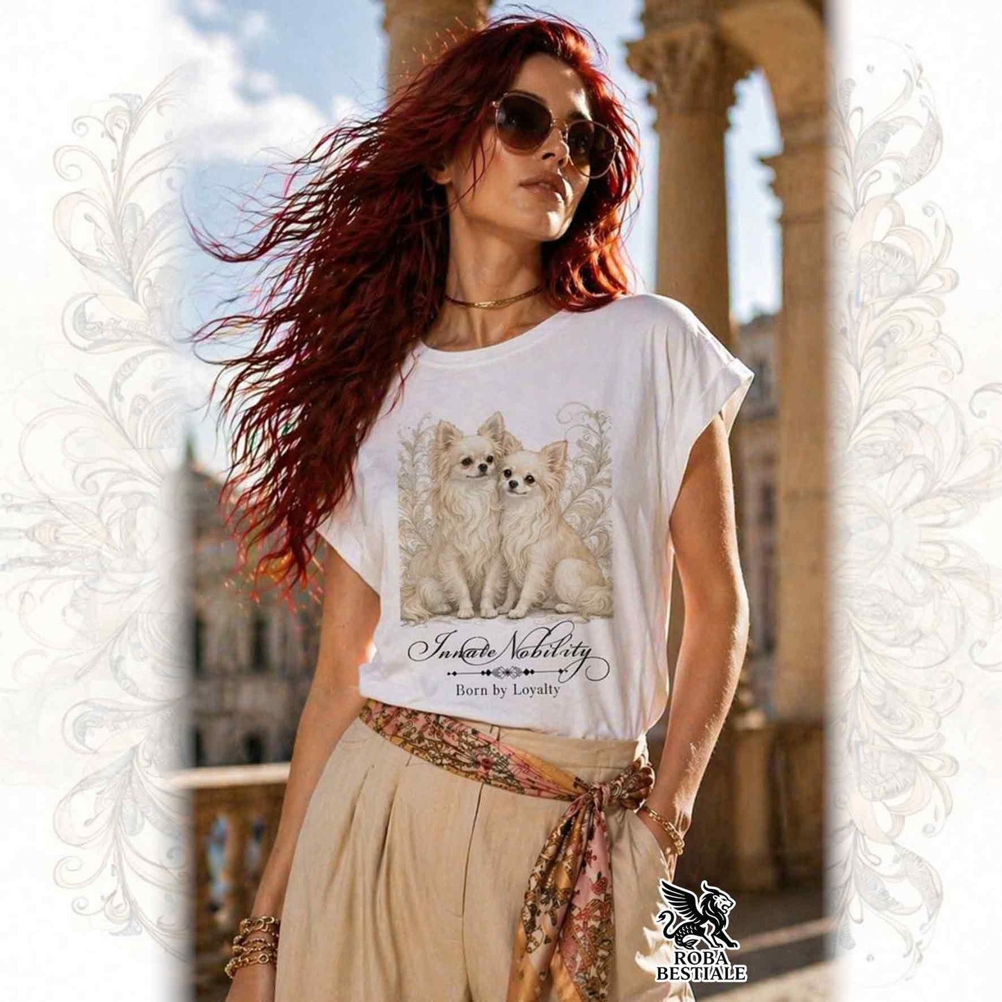 T-Shirt NOBILITY - CHIHUAHUA a Pelo Lungo Crema - Fashion Cut - Bianca, da Donna - dalla XS alla 5XL