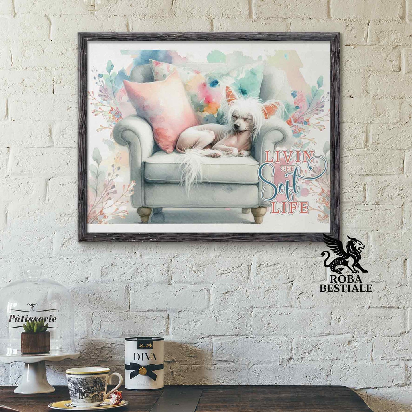 Quadretto SOFT LIFE - CHINESE CRESTED DOG Hairless Bianco - Con cornice in legno, formato A4