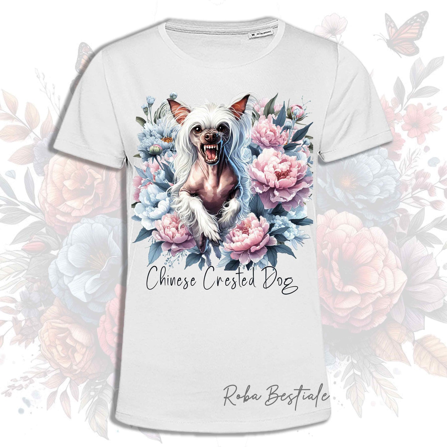T-Shirt PEONY - CHINESE CRESTED DOG Hairless Bianco - Bianca o Beige, Uomo o Donna, dalla XS alla 5XL