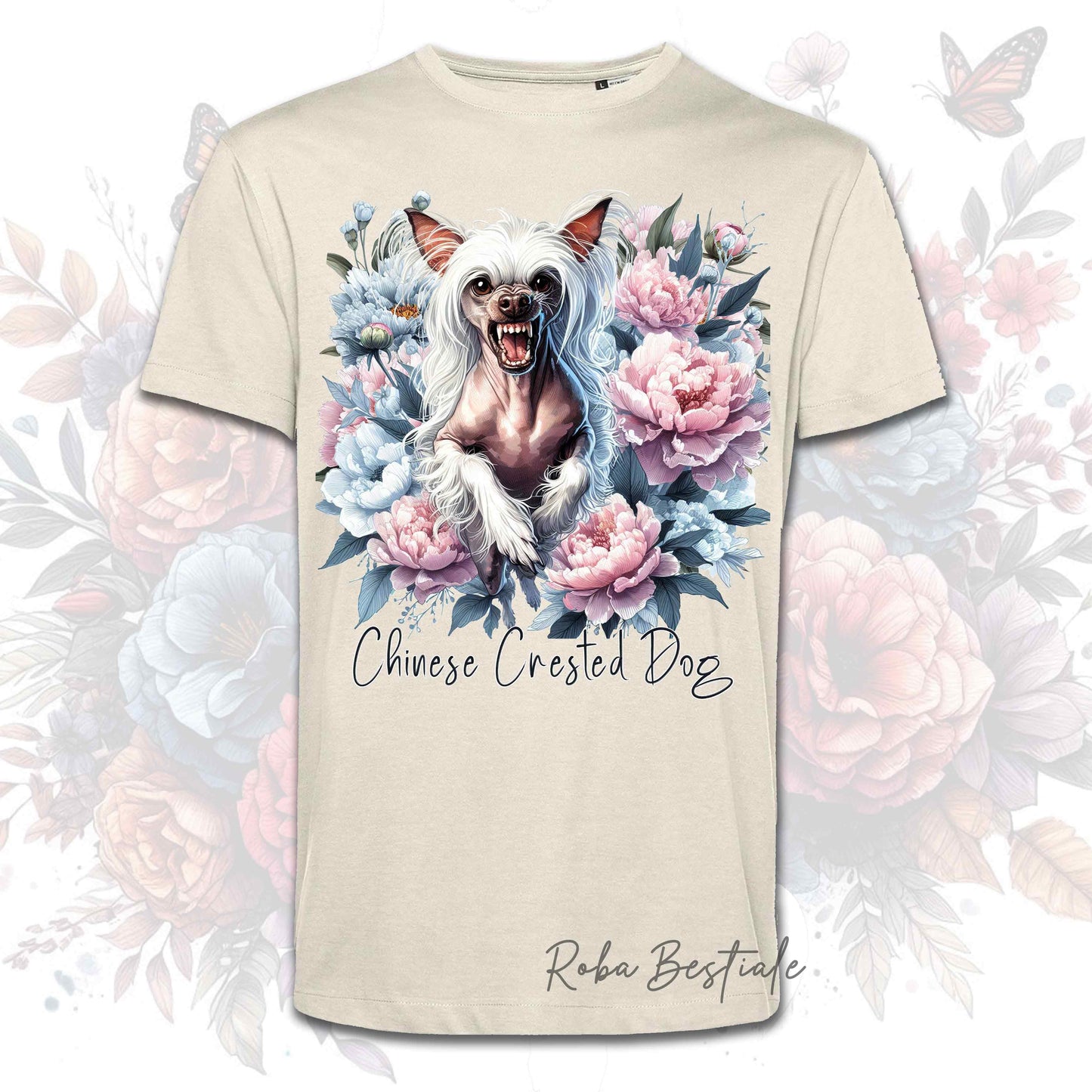 T-Shirt PEONY - CHINESE CRESTED DOG Hairless Bianco - Bianca o Beige, Uomo o Donna, dalla XS alla 5XL