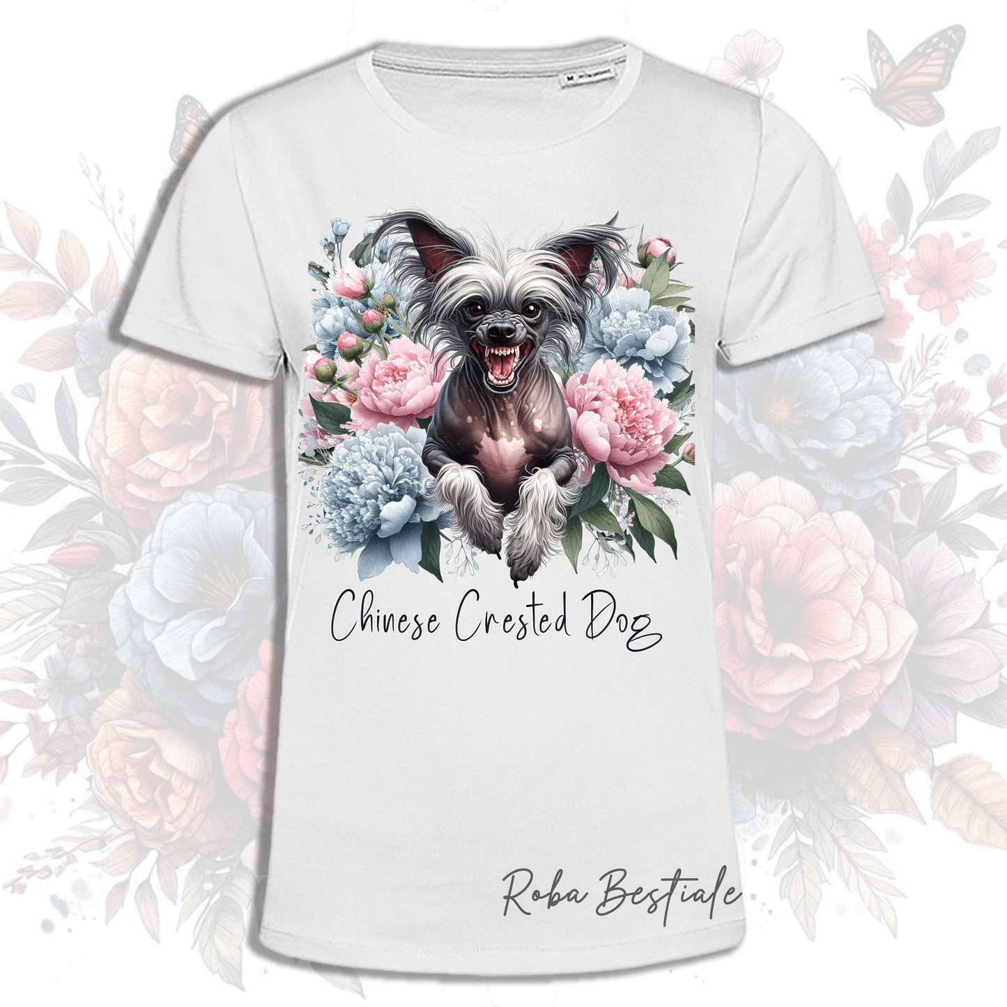 T-Shirt PEONY - CHINESE CRESTED DOG Hairless Grigio - Bianca o Beige, Uomo o Donna, dalla XS alla 5XL