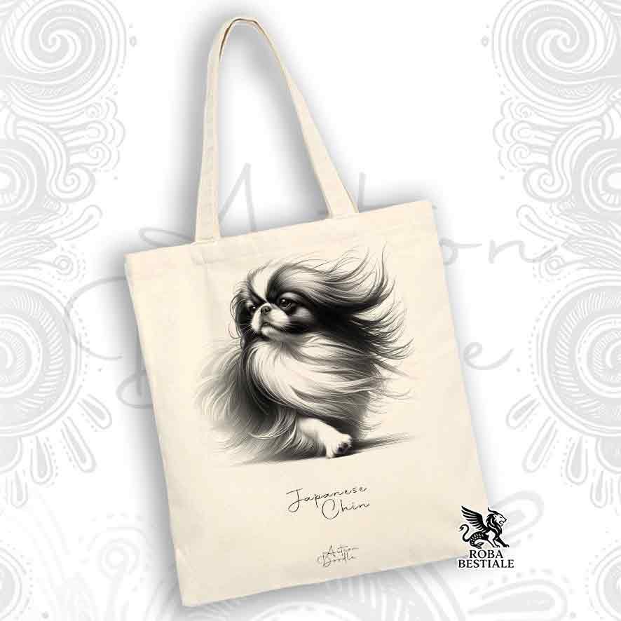 Tote Bag ACTION DOODLE - CHIN GIAPPONESE - 100% Cotone - Bianca o Beige