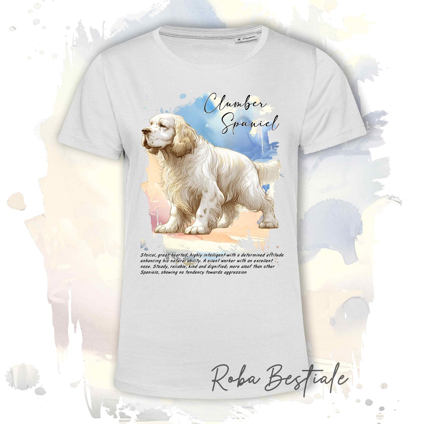 T-Shirt BEHAVIOR - CLUMBER SPANIEL - Standard FCI - 100% Cotone, Bianca, Uomo o Donna - dalla XS alla 5XL