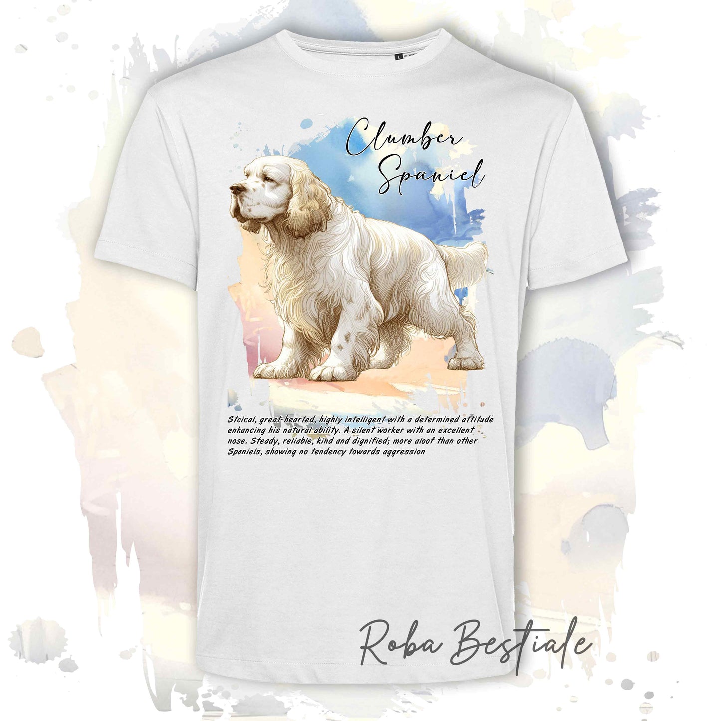 T-Shirt BEHAVIOR - CLUMBER SPANIEL - Standard FCI - 100% Cotone, Bianca, Uomo o Donna - dalla XS alla 5XL