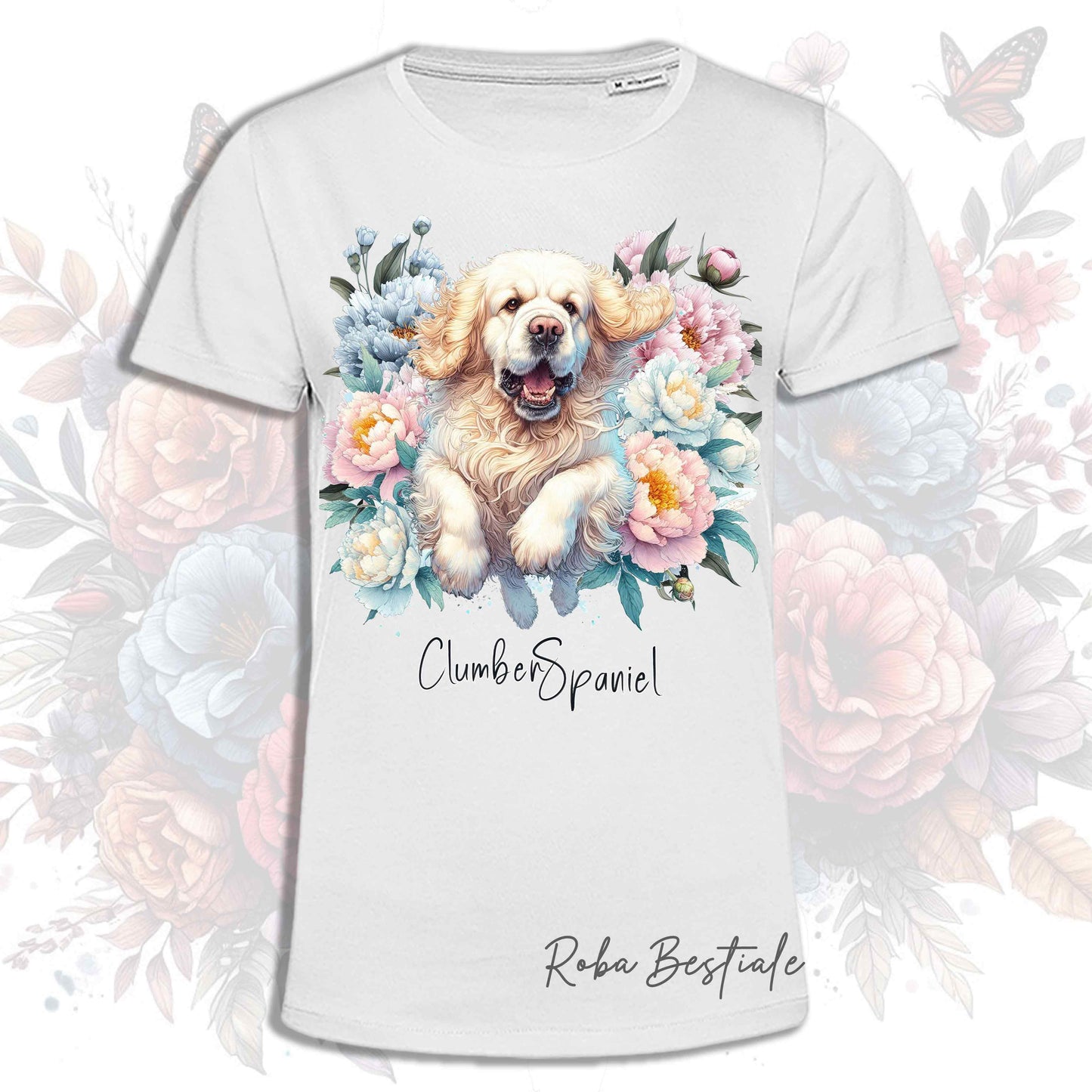 T-Shirt PEONY - CLUMBER SPANIEL - Bianca o Beige, Uomo o Donna, dalla XS alla 5XL