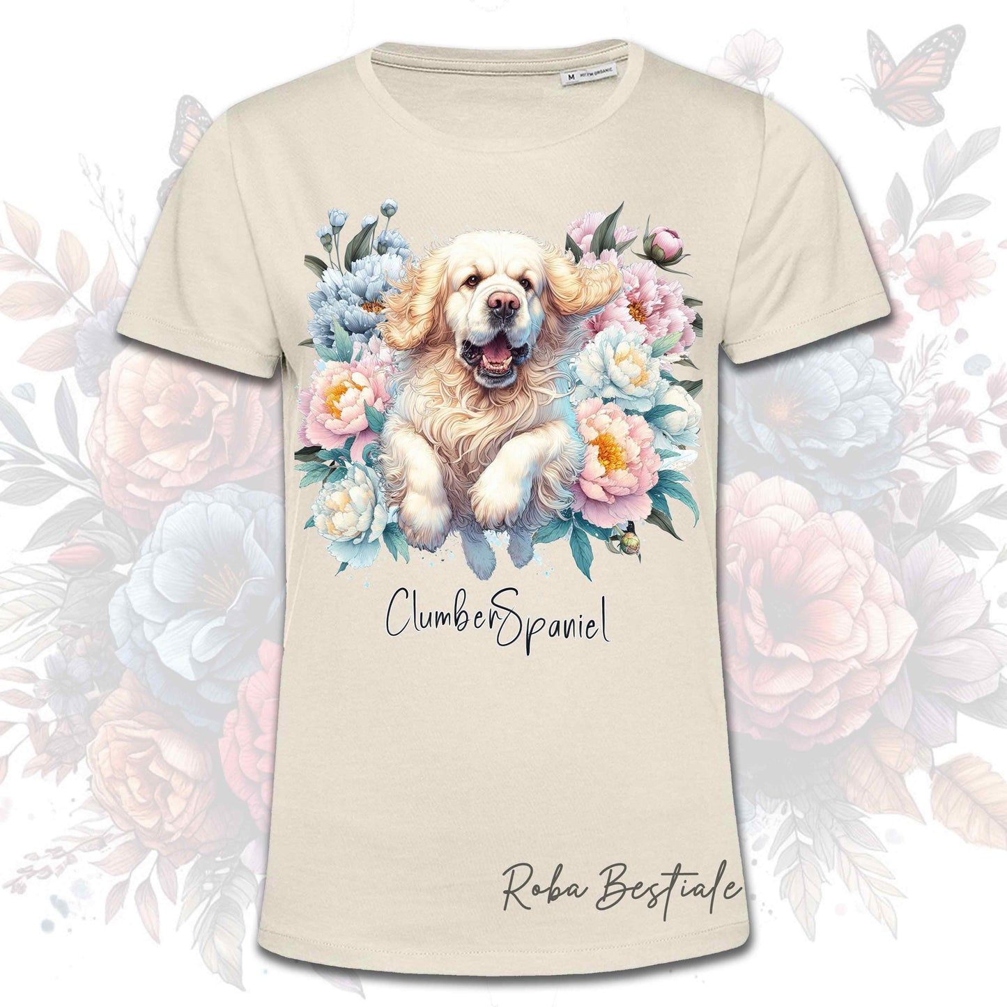 T-Shirt PEONY - CLUMBER SPANIEL - Bianca o Beige, Uomo o Donna, dalla XS alla 5XL