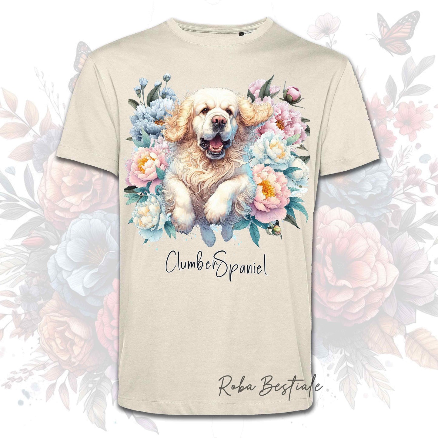 T-Shirt PEONY - CLUMBER SPANIEL - Bianca o Beige, Uomo o Donna, dalla XS alla 5XL