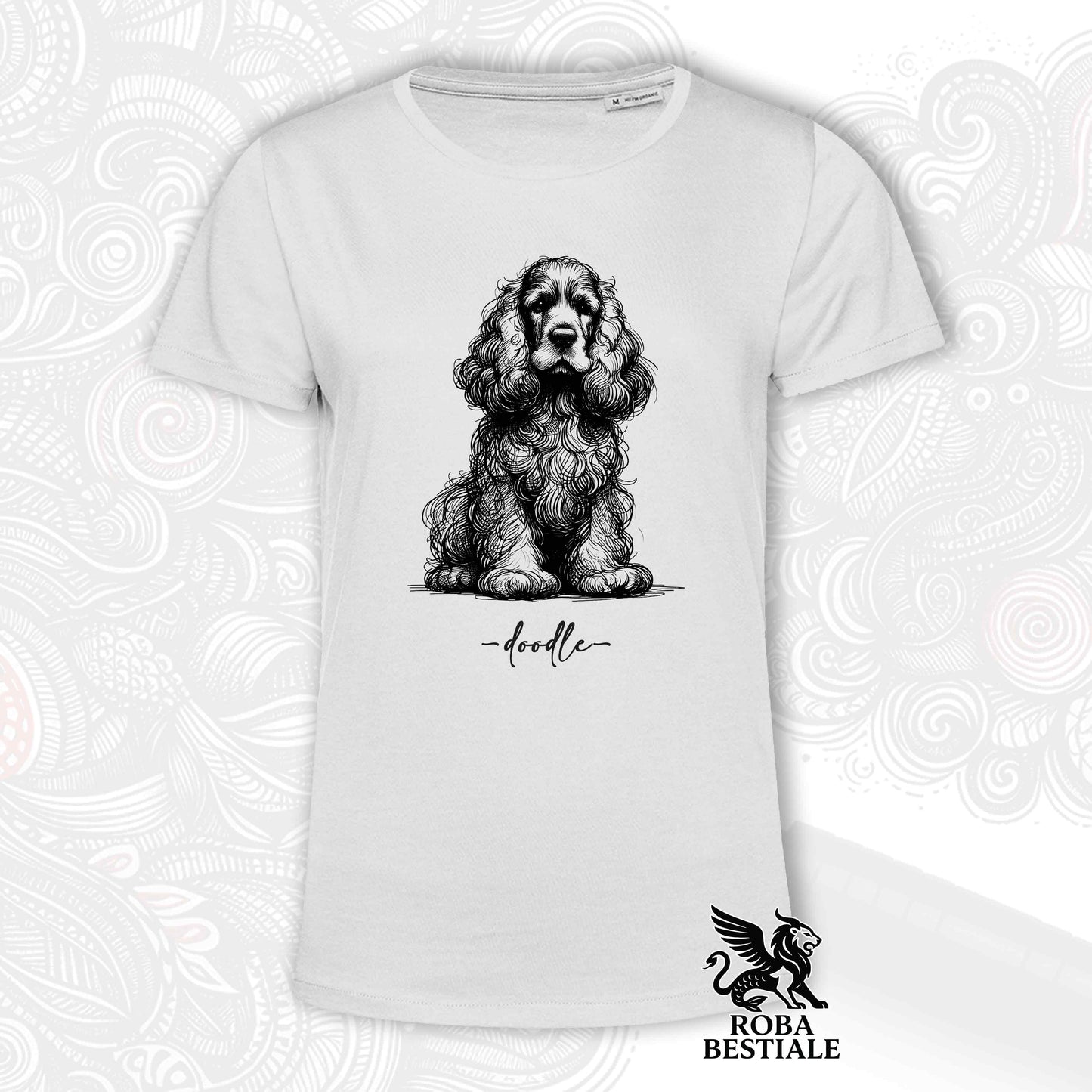 T-Shirt DOODLE - COCKER SPANIEL INGLESE - Bianca o Beige, da Uomo o da Donna - dalla XS alla 5XL