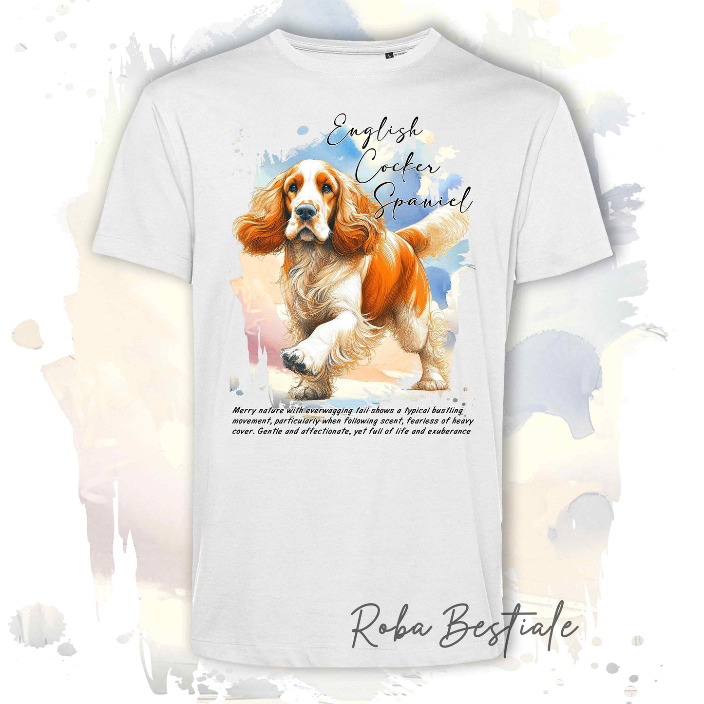 T-Shirt BEHAVIOR - COCKER SPANIEL INGLESE Arancio e Bianco - Standard FCI - 100% Cotone, Bianca, Uomo o Donna - dalla XS alla 5XL
