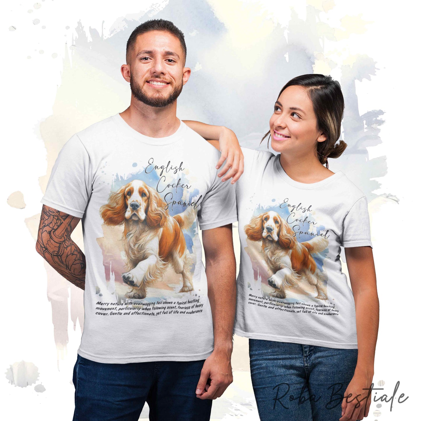 T-Shirt BEHAVIOR - COCKER SPANIEL INGLESE Arancio e Bianco - Standard FCI - 100% Cotone, Bianca, Uomo o Donna - dalla XS alla 5XL