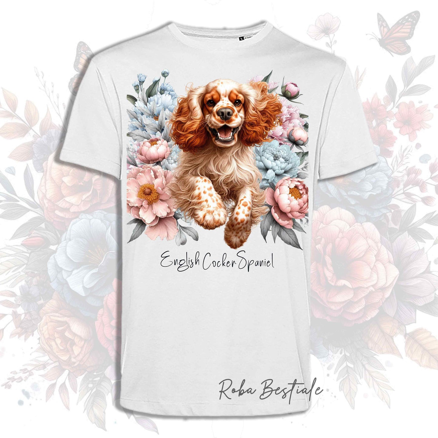 T-Shirt PEONY - COCKER SPANIEL INGLESE Arancione Roano - Bianca o Beige, Uomo o Donna, dalla XS alla 5XL