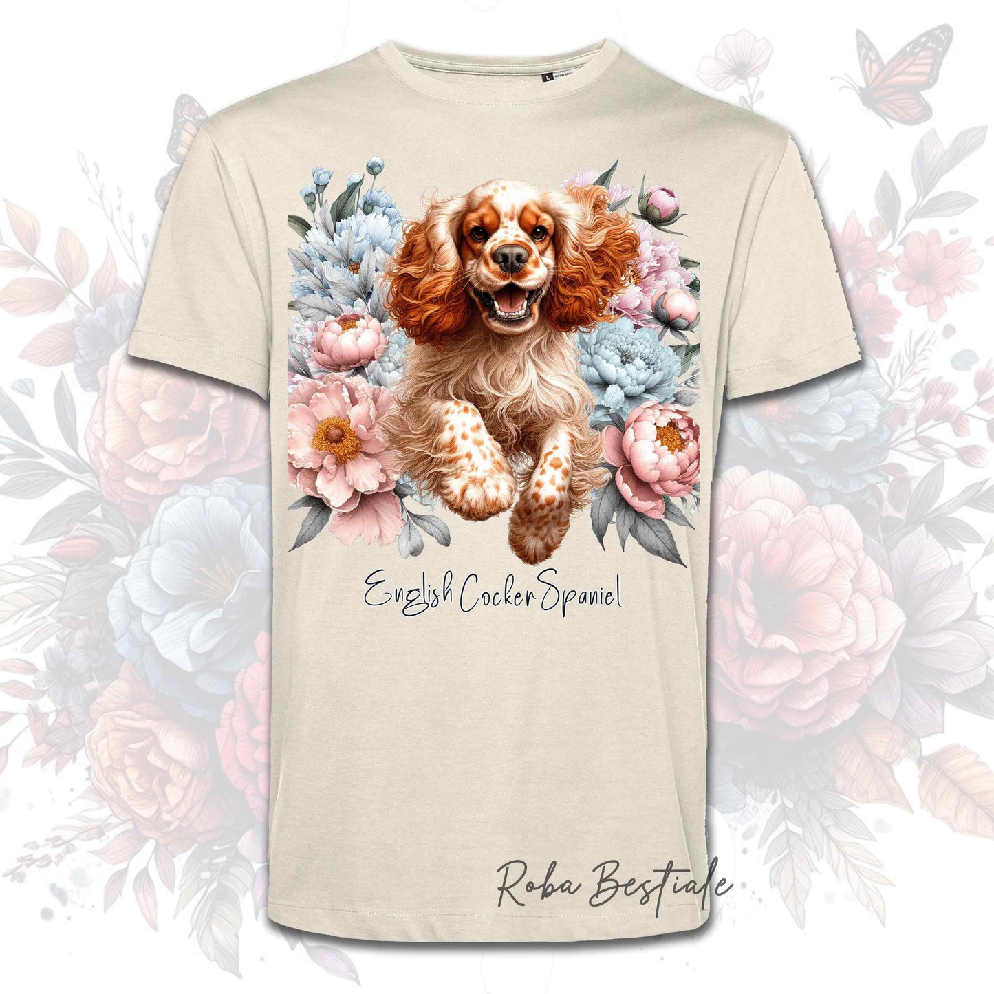 T-Shirt PEONY - COCKER SPANIEL INGLESE Arancione Roano - Bianca o Beige, Uomo o Donna, dalla XS alla 5XL