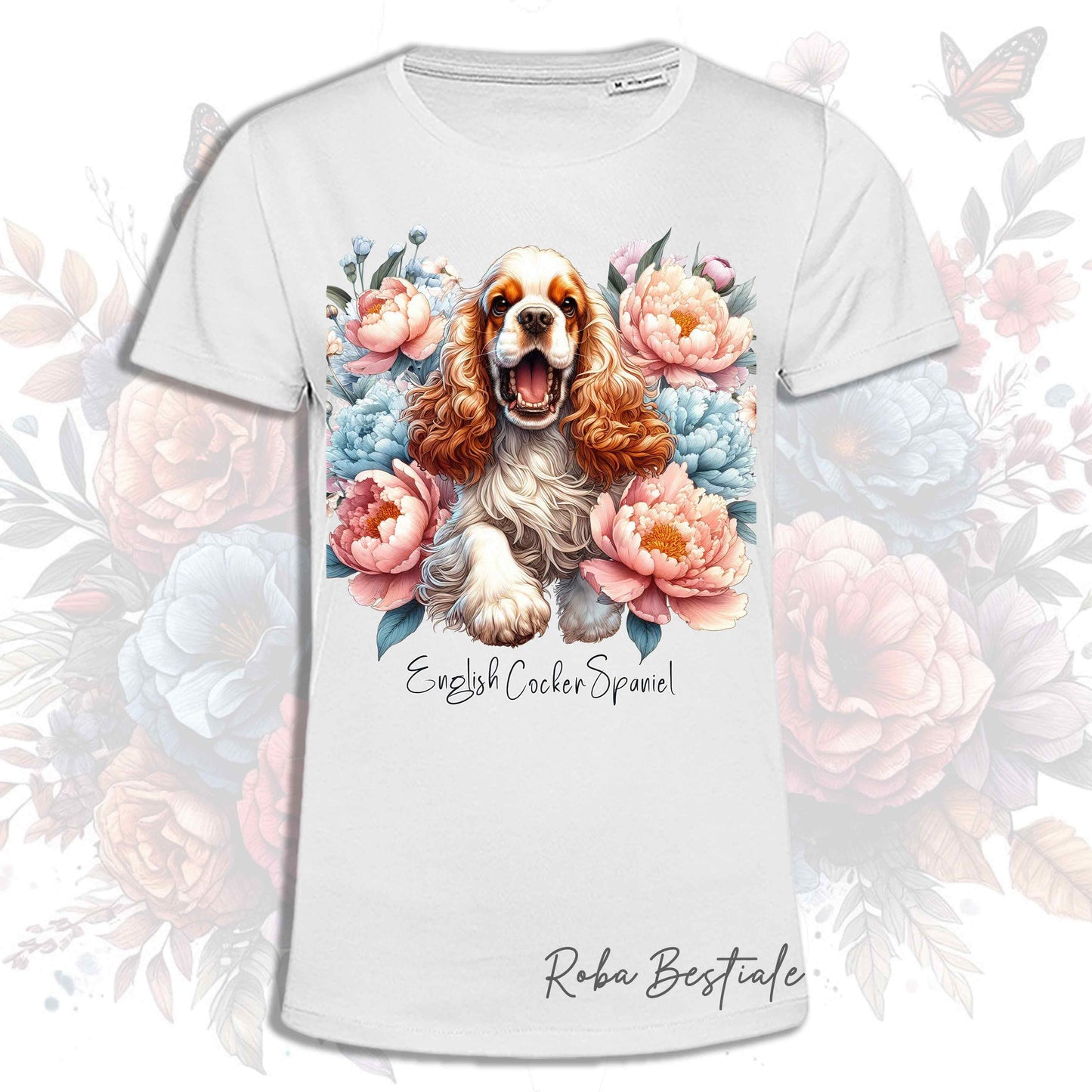 T-Shirt PEONY - COCKER SPANIEL INGLESE Arancione e Bianco - Bianca o Beige, Uomo o Donna, dalla XS alla 5XL