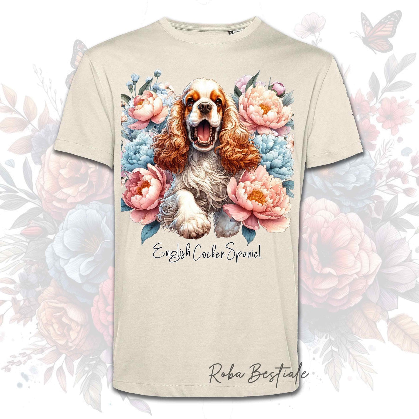 T-Shirt PEONY - COCKER SPANIEL INGLESE Arancione e Bianco - Bianca o Beige, Uomo o Donna, dalla XS alla 5XL