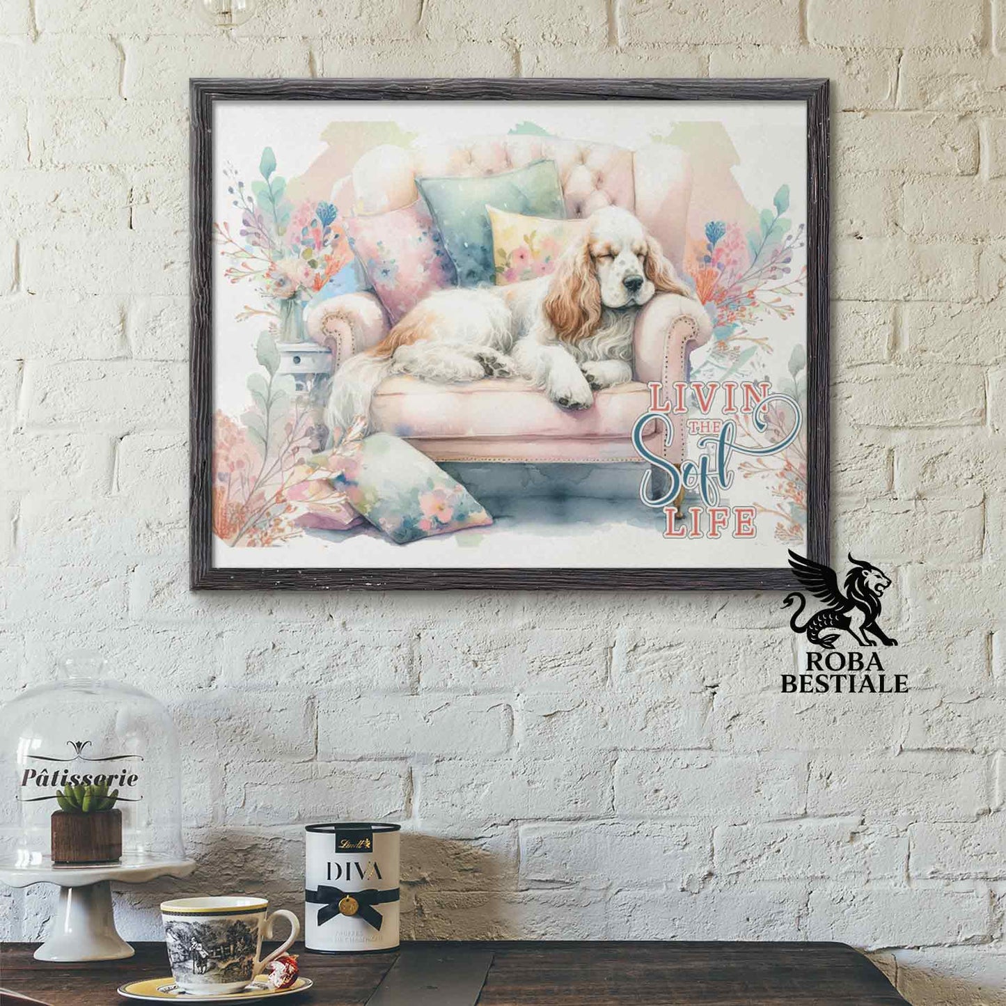 Quadretto SOFT LIFE - COCKER SPANIEL INGLESE Bianco e Arancio - Con cornice in legno, formato A4