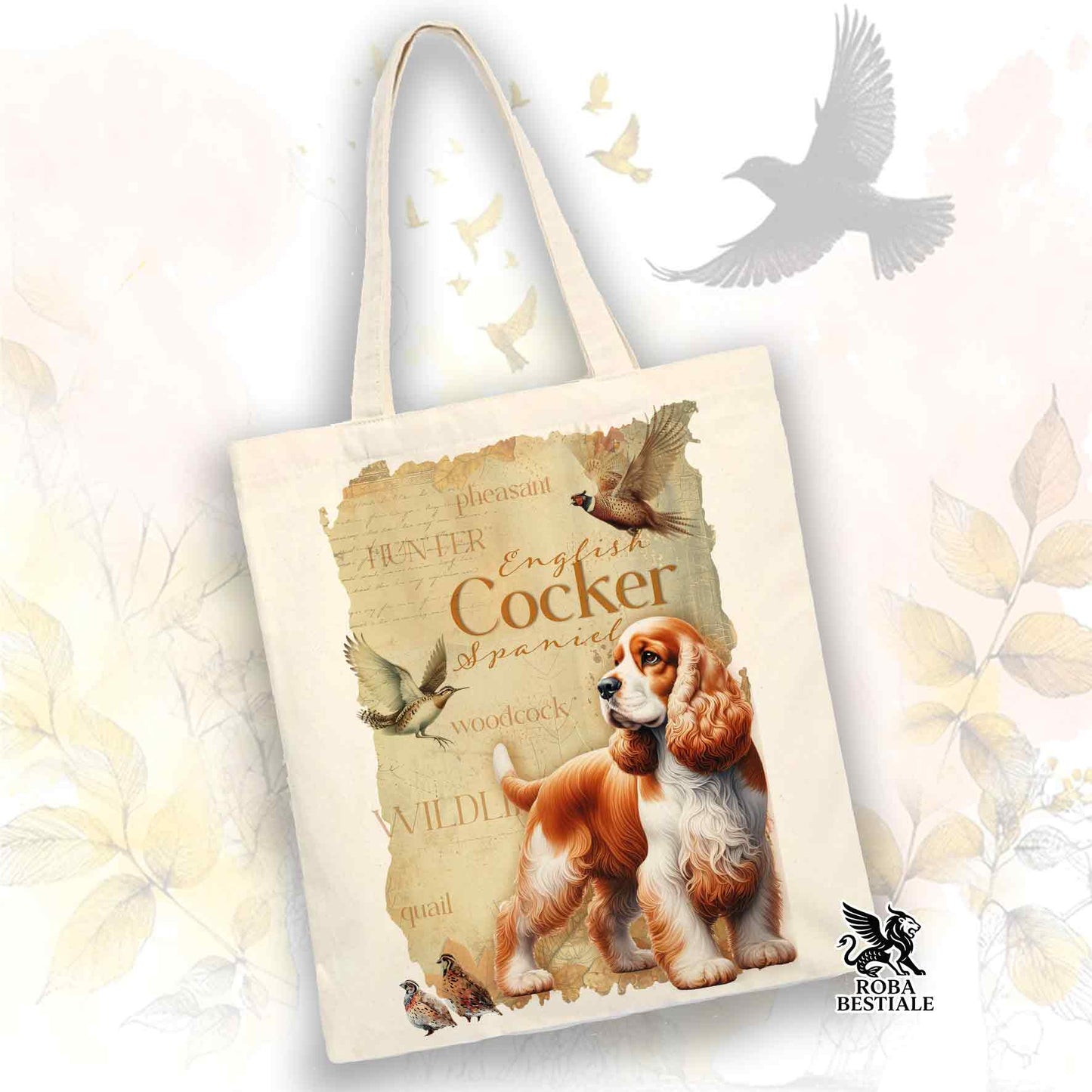 Tote Bag FIELD LEGACY - COCKER SPANIEL INGLESE Bianco e Arancio - 100% Cotone - Bianca o Beige