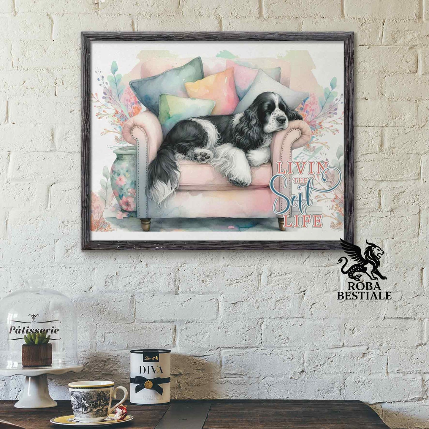 Quadretto SOFT LIFE - COCKER SPANIEL INGLESE Bianco e Nero - Con cornice in legno, formato A4