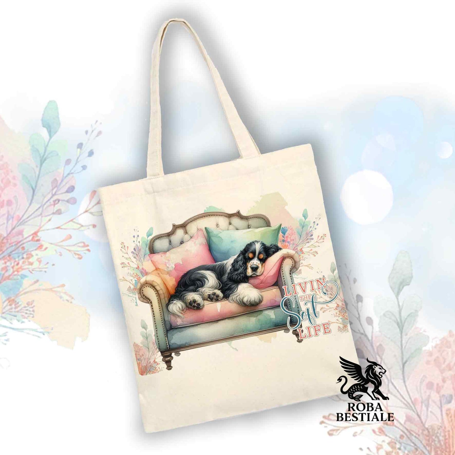 Tote Bag SOFT LIFE - COCKER SPANIEL INGLESE Black Tricolor - 100% Cotone - Bianca o Beige