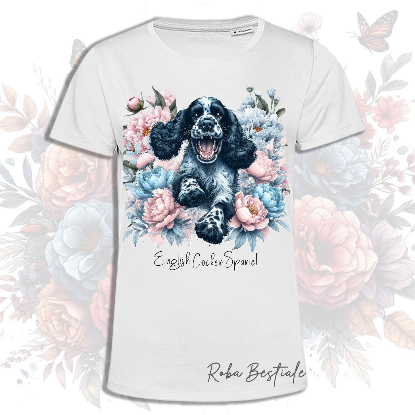 T-Shirt PEONY - COCKER SPANIEL INGLESE Blue Roano - Bianca o Beige, Uomo o Donna, dalla XS alla 5XL