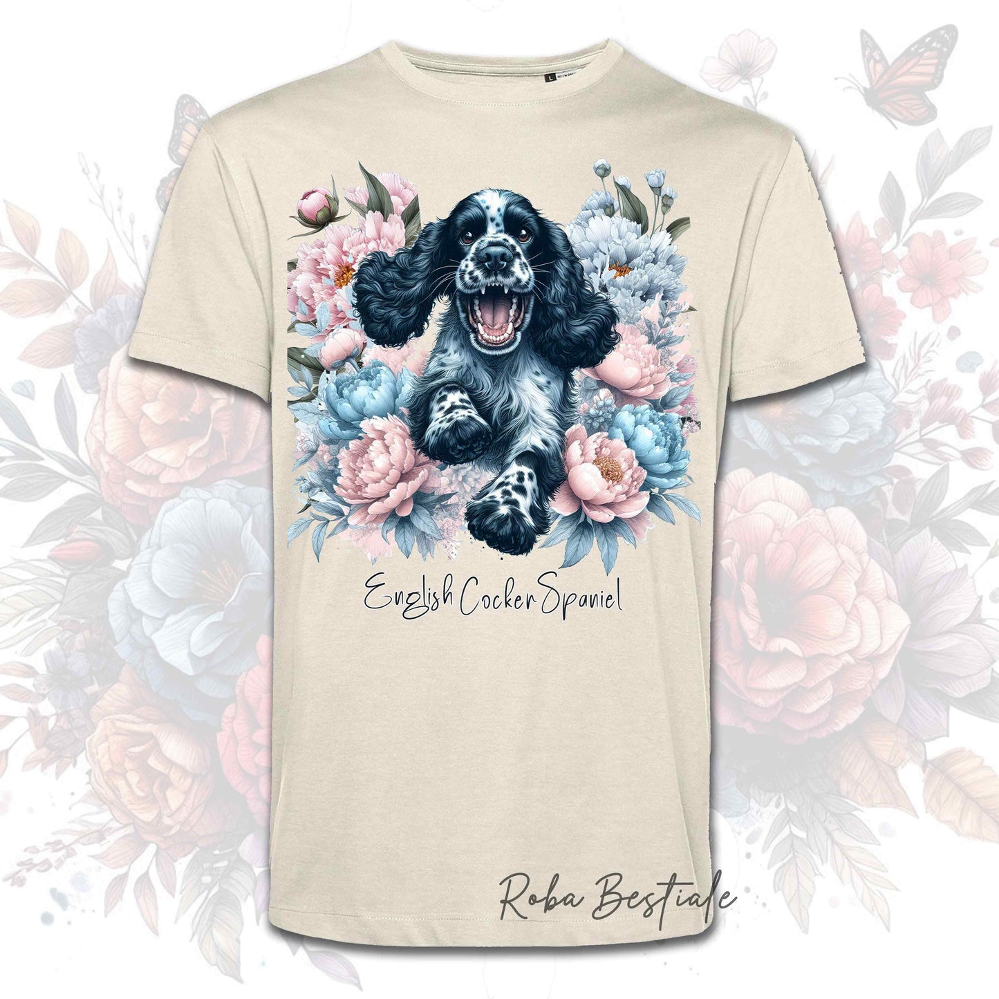 T-Shirt PEONY - COCKER SPANIEL INGLESE Blue Roano - Bianca o Beige, Uomo o Donna, dalla XS alla 5XL