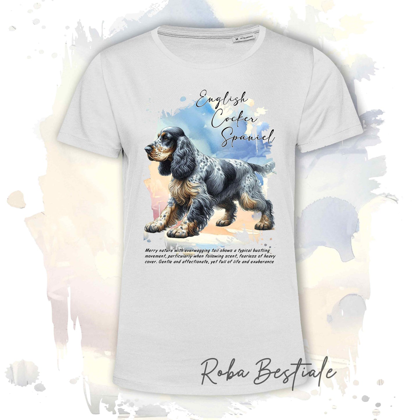 T-Shirt BEHAVIOR - COCKER SPANIEL INGLESE Blu Roano Focato - Standard FCI - 100% Cotone, Bianca, Uomo o Donna - dalla XS alla 5XL