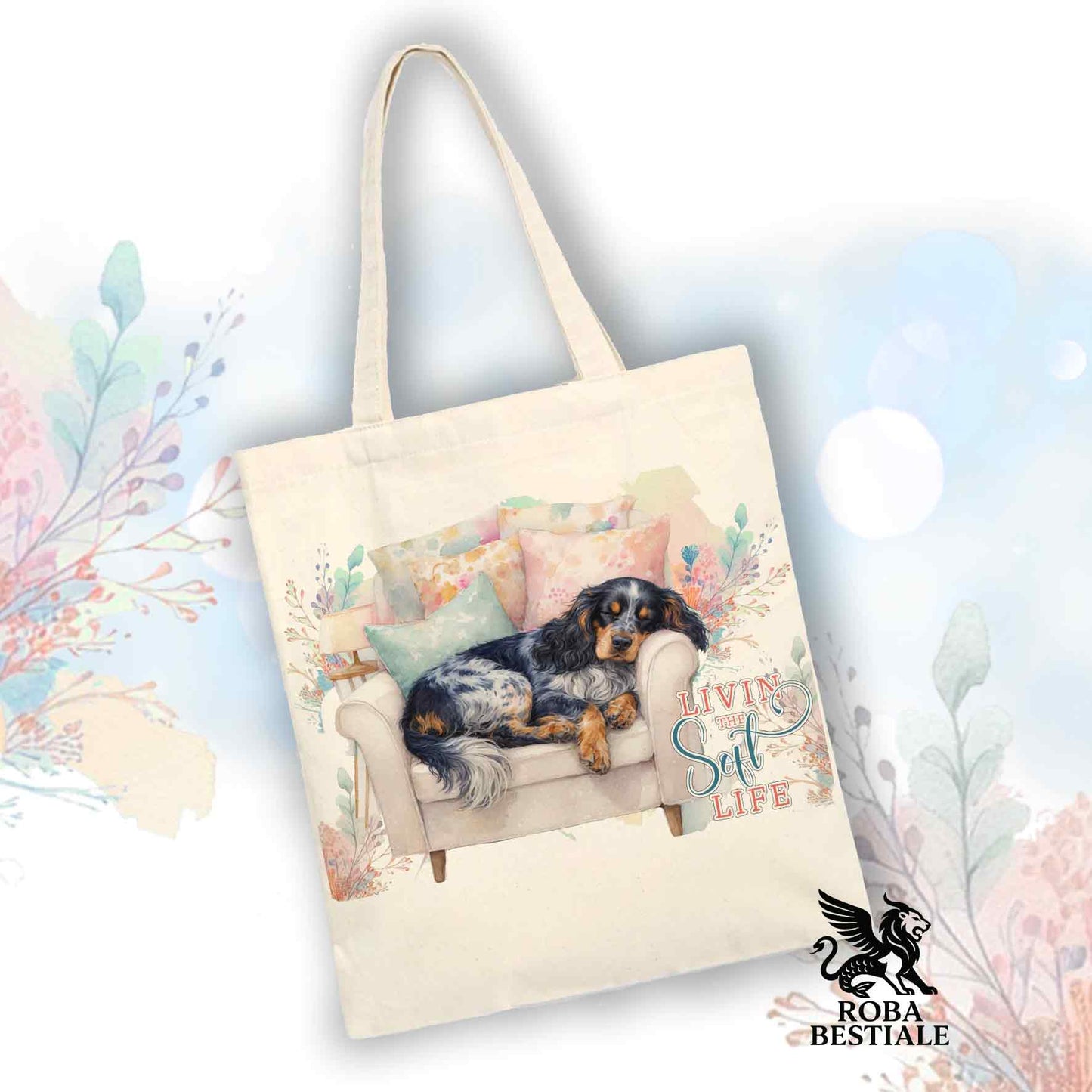 Tote Bag SOFT LIFE - COCKER SPANIEL INGLESE Blu Roano Focato - 100% Cotone - Bianca o Beige