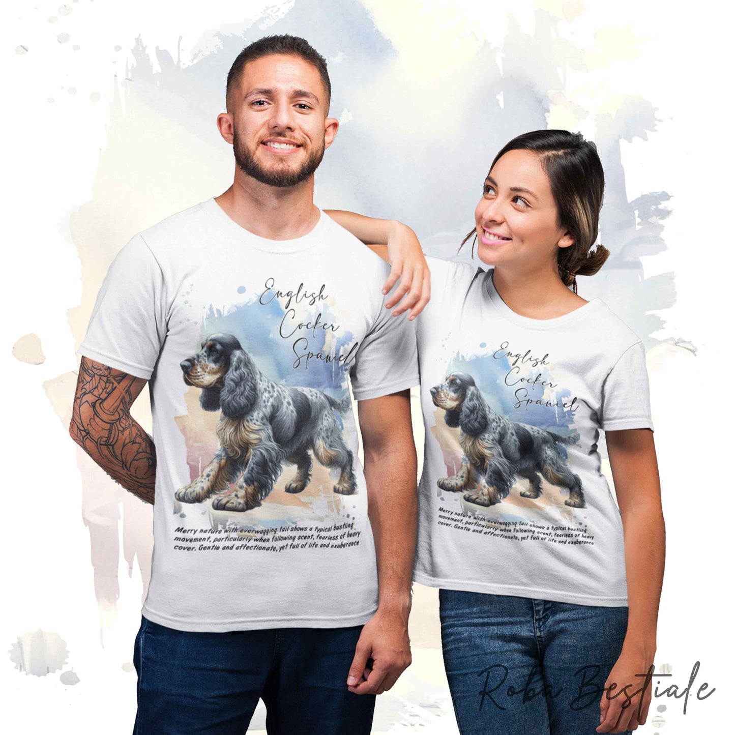 T-Shirt BEHAVIOR - COCKER SPANIEL INGLESE Blu Roano Focato - Standard FCI - 100% Cotone, Bianca, Uomo o Donna - dalla XS alla 5XL