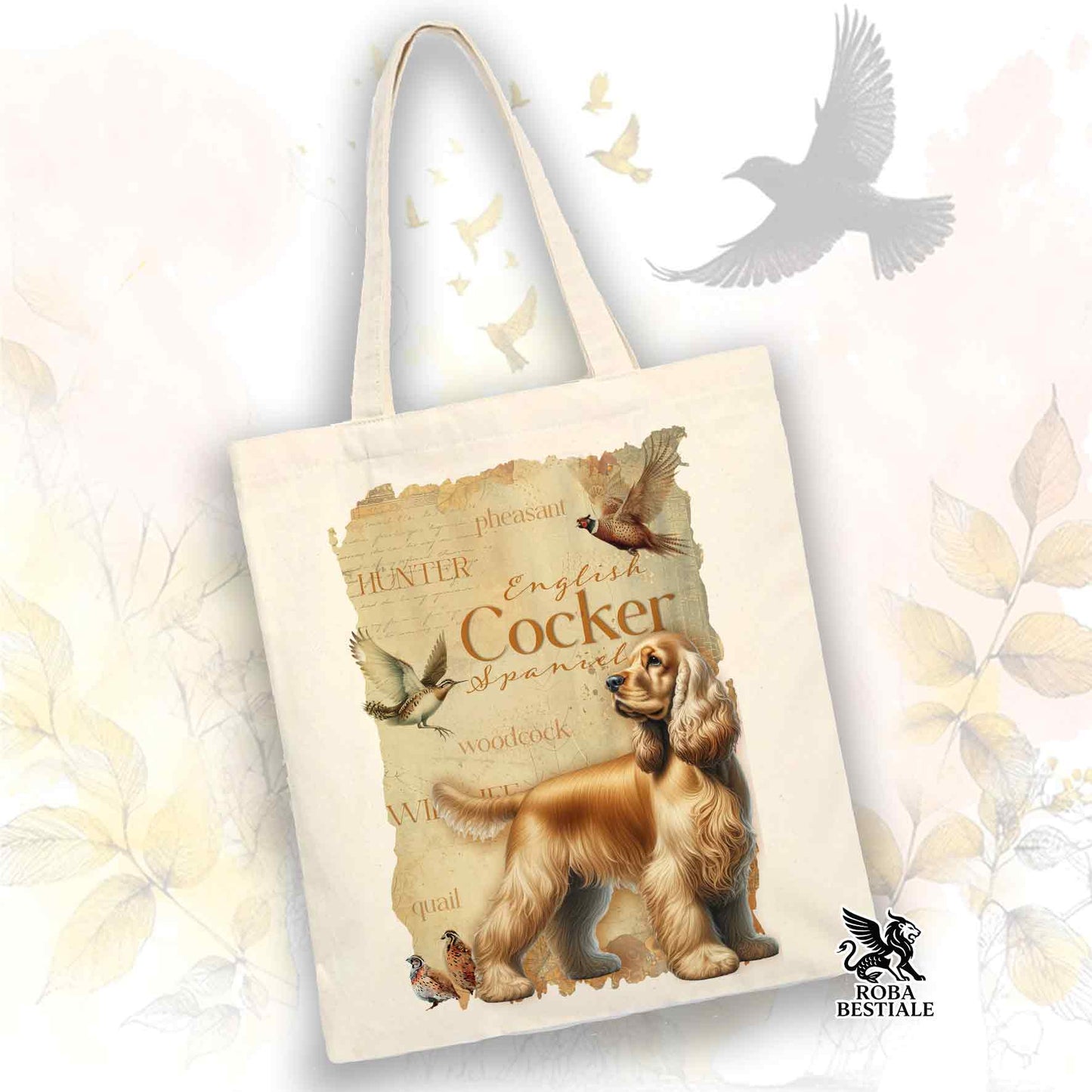 Tote Bag FIELD LEGACY - COCKER SPANIEL INGLESE Dorato - 100% Cotone - Bianca o Beige