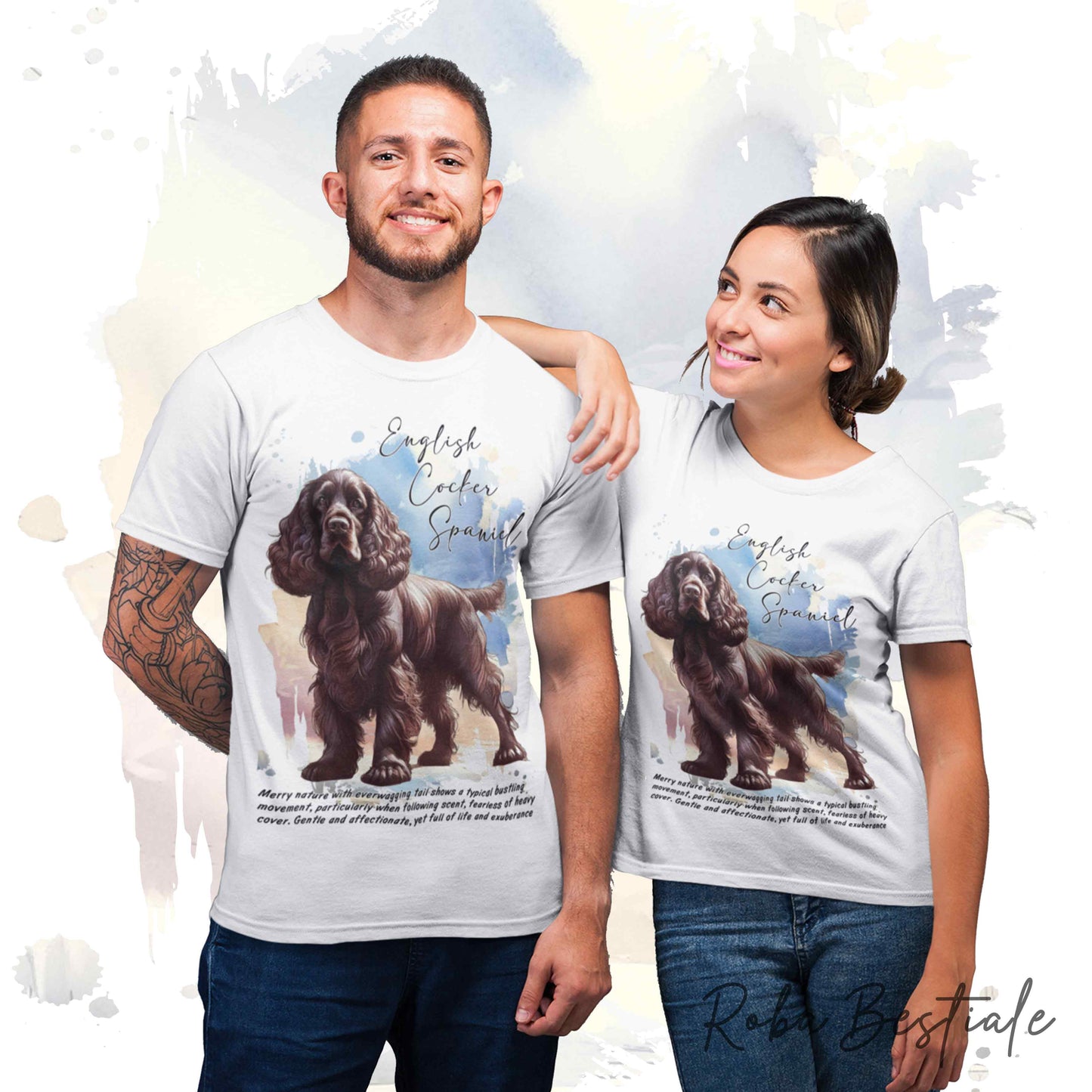 T-Shirt BEHAVIOR - COCKER SPANIEL INGLESE Fegato - Standard FCI - 100% Cotone, Bianca, Uomo o Donna - dalla XS alla 5XL