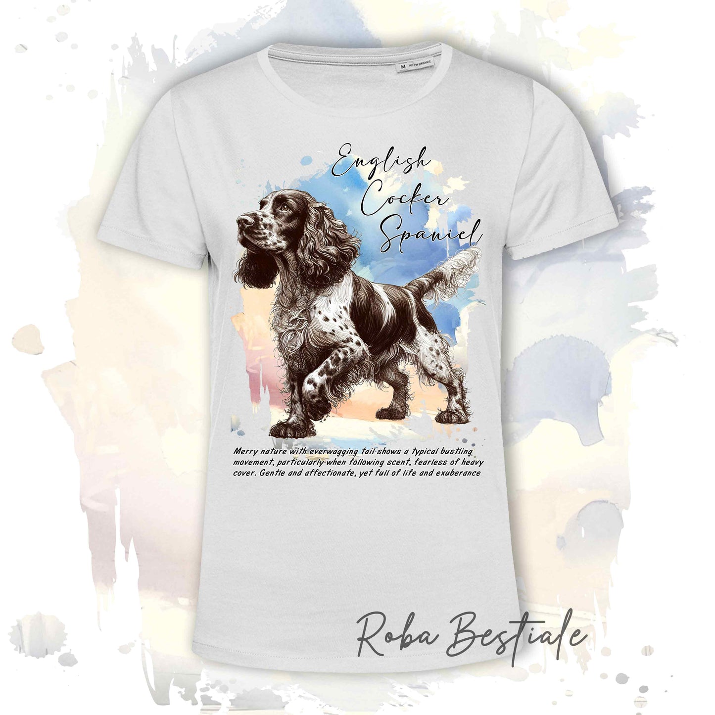 T-Shirt BEHAVIOR - COCKER SPANIEL INGLESE Fegato Roano - Standard FCI - 100% Cotone, Bianca, Uomo o Donna - dalla XS alla 5XL