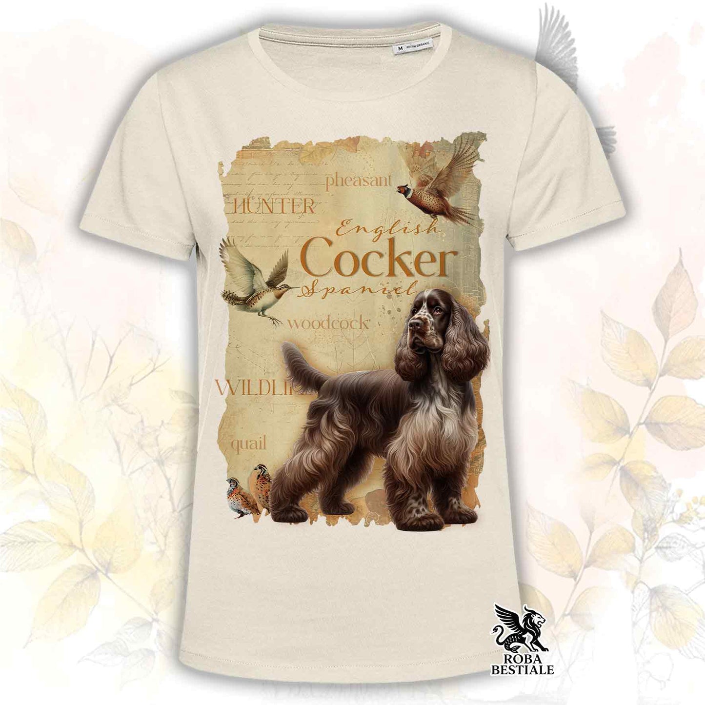 T-Shirt FIELD LEGACY - COCKER SPANIEL INGLESE Fegato Roano - Bianca o Beige, da Uomo o da Donna - dalla XS alla 5XL