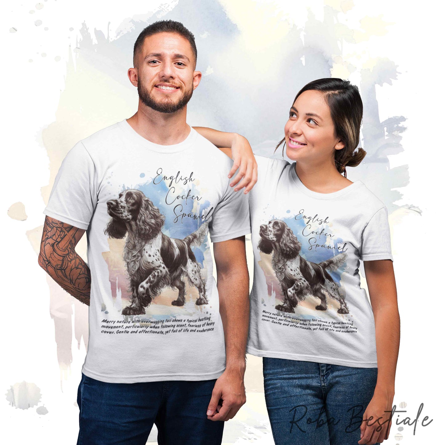 T-Shirt BEHAVIOR - COCKER SPANIEL INGLESE Fegato Roano - Standard FCI - 100% Cotone, Bianca, Uomo o Donna - dalla XS alla 5XL
